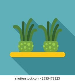 Two green plants in pots are sitting on a shelf casting a long shadow on a blue wall