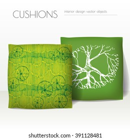 Two green realistic 3d throw pillows with abstract grass and treetop print. Apartment interior design element. Cushions isolated on a light background.