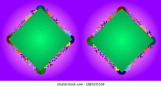 Dos rectángulos verdes con marco de flores coloridas aislados en un diseño de fondo de gradiente brillante