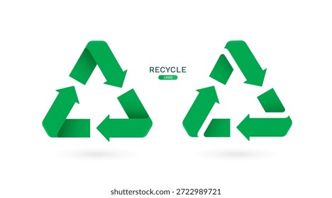 Two green recycled logo designs in front view to promote waste separation campaigns on world Recycling day, vector 3d illustration isolated on white background for advertising design