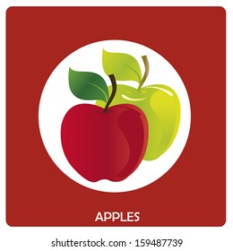 two green and red apples within a white circle with some text