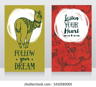 two green and red banners for dream and travel  with cute doodle alapacas, vector illustration