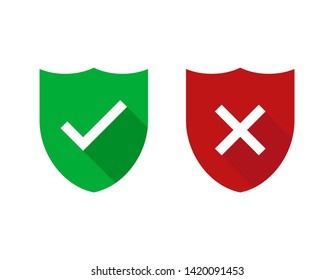 Two green and red shields with checkmark and cross isolated. Security or safe sign. Internet defence symbol. Web technology secure icon. EPS 10