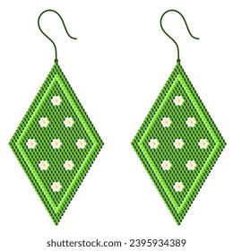 Two green rhombus-shaped earrings with white-yellow flowers, made of 3D cubes