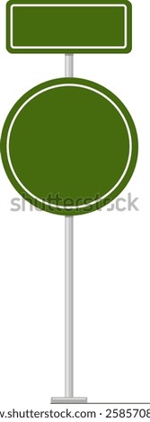 Two green road signs, one rectangular and one circular, are mounted on a metal pole, providing space for custom messages related to directions, locations, or warnings