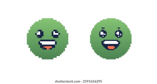 Two green round emoji faces with cheerful eyes and wide open mouths display animated expressions.