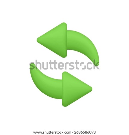 Two green rounded arrows forming circular loop. Technology, business, refresh, reload, update, synchronization and process cycle concept. 3d vector icon. Cartoon minimal style.