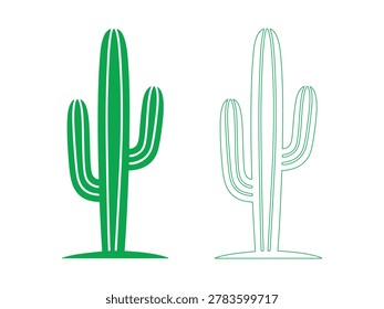 Two green saguaro cactus solid and outline desert plant succulent