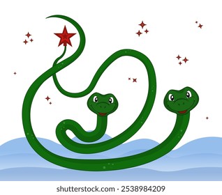 Two green snakes in the snow. Top red star on the snake tail. Vector illustration symbol 2025 New Year.