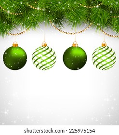 Two green and two spiral Christmas balls on green pine branches with chains on snowfall on grayscale background