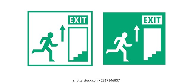 Two green square exit signs showing a person running towards an open door with an upward arrow