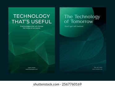 Two green technology posters. Technology, future-oriented design. Green technology theme, modern and innovative. Learn more at example.com. Environmental technology, green poster template vector set.