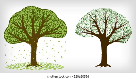 Two green trees and falling leaves