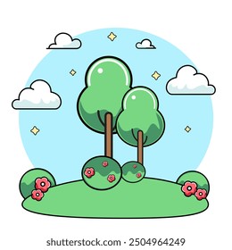 Two green trees with grass and bushes. Flat red flowers and white clouds on a blue background. Flat illustration
