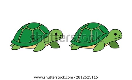 Two green turtles walking side by side as cute cartoon characters isolated on a plain white background featuring simple flat vector line art style for children nursery wall art designs