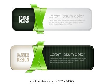 Two green vector banners braided with silky glossy ribbons