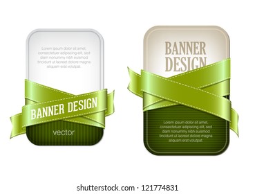 Two green vector banners braided with silky glossy ribbons