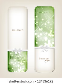 Two green vector festive banners collection with sparkling background and white silky ribbon bow knots