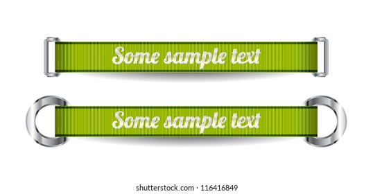 Two green vector ribbons with metal buckles and rings