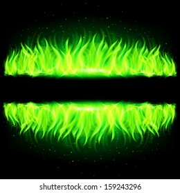 Two green walls of fire with weak reflection on black background. 