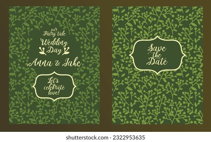 two green wedding cards, vector illustration, natural design, can be used for country style party