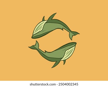 Two green whales on a yellow background. Logo with fish. Vector illustration