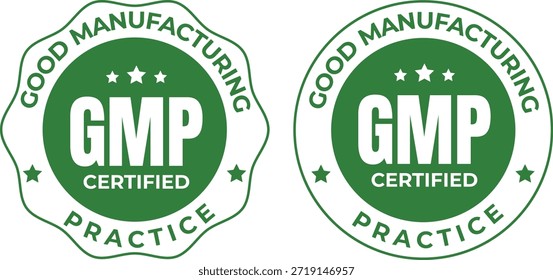 Dois logotipos verdes e brancos com certificação GMP para boas práticas de fabricação, indicando padrões de qualidade e conformidade