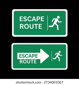 Dos señales verdes y blancas que indican una ruta de escape con un icono de persona en ejecución y una flecha que apunta hacia el camino.