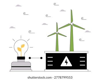 Two green wind turbines on top of a black power generator box with a high-voltage warning sign, connected to a glowing light bulb with a plant inside. Wind energy powering green electricity.