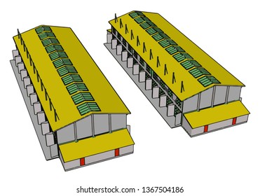 Two green and yellow large modern barns with open shuts and green roof windows vector illustration on white background