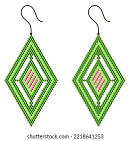 Two green-pink rhombus-shaped earrings with a gap made of 3D cubes