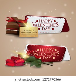 Two greeting banners for Valentine's Day with chocolates and flowers 