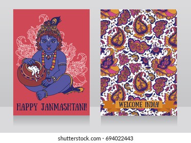 Two  greeting card for Krishna birthday with Little Krishna and a pot of butter, can be used as tourism banners, vector illustration