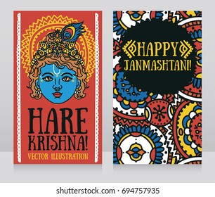 Two greeting card for Krishna birthday with Little Krishna portrait, ethnic ornament and bright colors, vector illustration