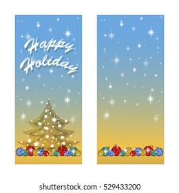 Two greeting card for the winter holidays. Below a number of bright Christmas tree balls, tree silhouette with snowflakes and stars. Vector background with a golden blue gradient. Cartoon style