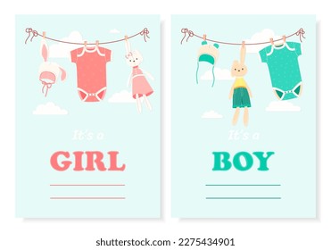 Two greeting cards for baby shower. Baby shower invitation on blue background. This is a boy. It's a girl. hat, bodysuit and rabbit toy are dried on a rope. Vector illustration