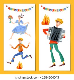 Two greeting cards. Brazilian holiday Festa Junina (the June party). Couple jumping over the fire. Boy with an accordion. Vector illustration