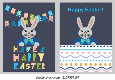 Dos tarjetas de felicitación con conejos lindos. Ilustraciones de diseño de vectores. Tema de Pascua.
