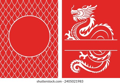 Two greeting cards with dragon and dragon scales. Red background. Banc place for text. Vertical composition.