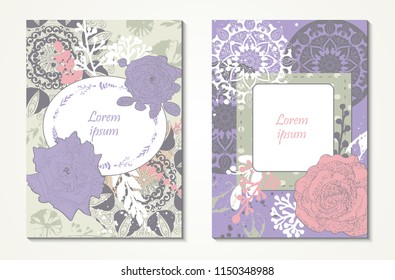 Two greeting cards with hand drawn flowers, roses and vintage decorative elements. Wedding, invitation, thank you card