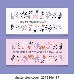 Two greeting cards for mom. Happy Mother's Day. Banners decorated with vector flowers in folk style. Vector illustration. Spring poster