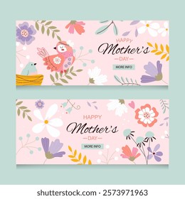  Two greeting cards for mom. Happy Mother's Day. Banners decorated with vector flowers and birds in folk style. Vector illustration. Spring poster