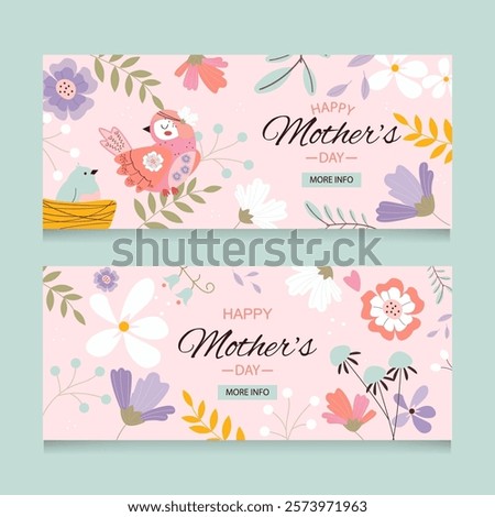  Two greeting cards for mom. Happy Mother's Day. Banners decorated with vector flowers and birds in folk style. Vector illustration. Spring poster