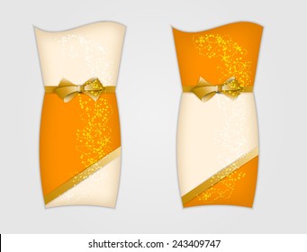 two greeting cards with ribbon and bow on gray background