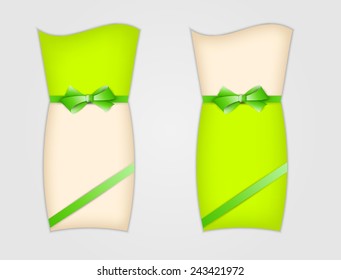 two greeting cards with ribbon and bow on gray background