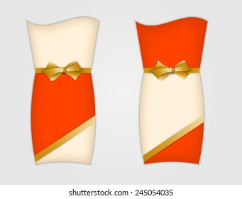 two greeting cards with ribbon and bow on gray background