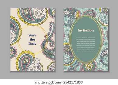 Dos Plantillas de tarjetas de felicitación con motivos paisley. Invitación de Boda con decoración oriental. Diseño estacionario abstracto moderno.