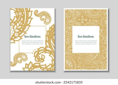 Dos Plantillas de tarjetas de felicitación con motivos paisley. Invitación de Boda con decoración oriental. Diseño estacionario abstracto moderno.