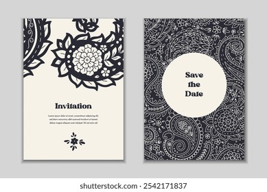 Dos Plantillas de tarjetas de felicitación con motivos paisley. Invitación de Boda con decoración oriental. Diseño estacionario abstracto moderno.