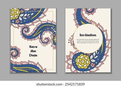 Dos Plantillas de tarjetas de felicitación con motivos paisley. Invitación de Boda con decoración oriental. Diseño estacionario abstracto moderno.